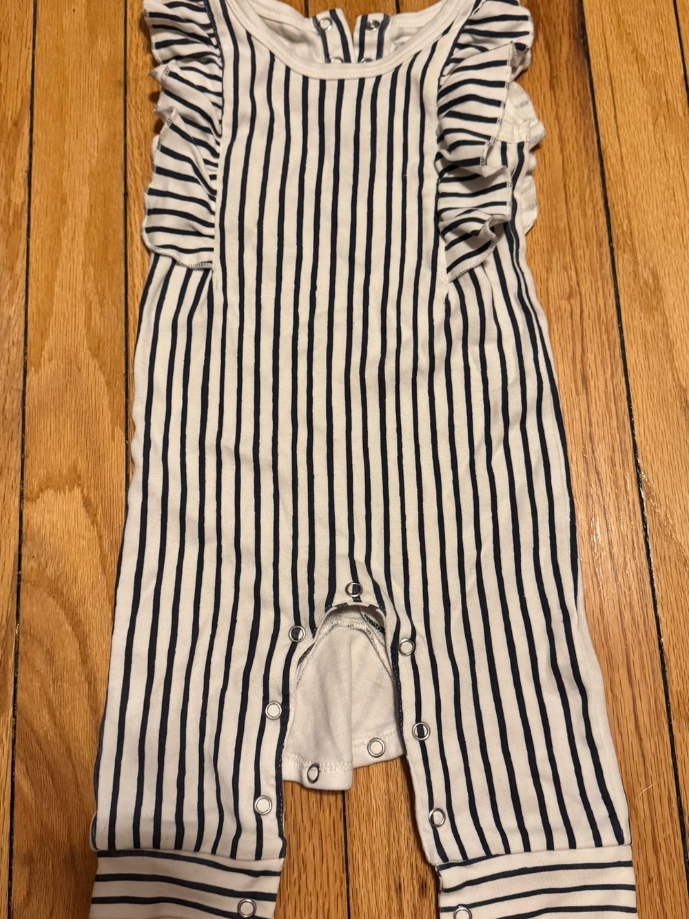 Pehr navy blue striped sleeveless ruffle romper 6-12M